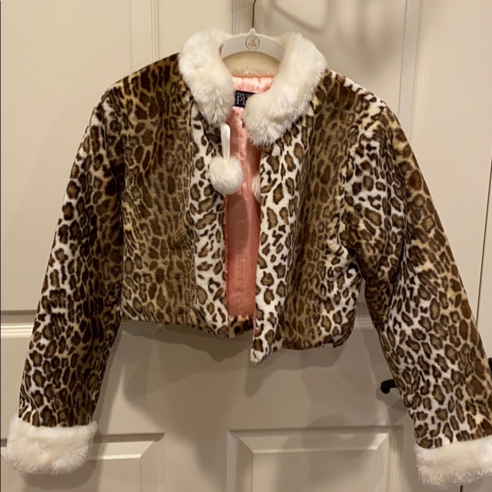 Girls Faux Fur Leopard Crop Jacket